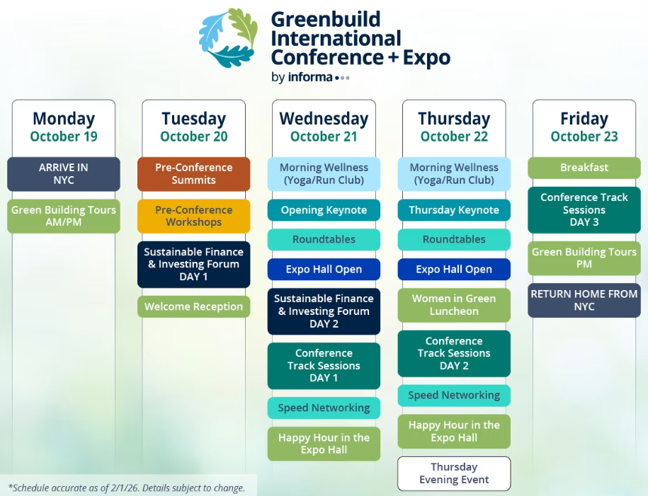 Greenbuild International Conference + Expo 2026 schedule